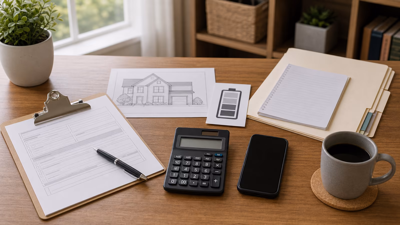 A clipboard with abstract permit forms, house sketch, battery card, callback phone, and verification folder.