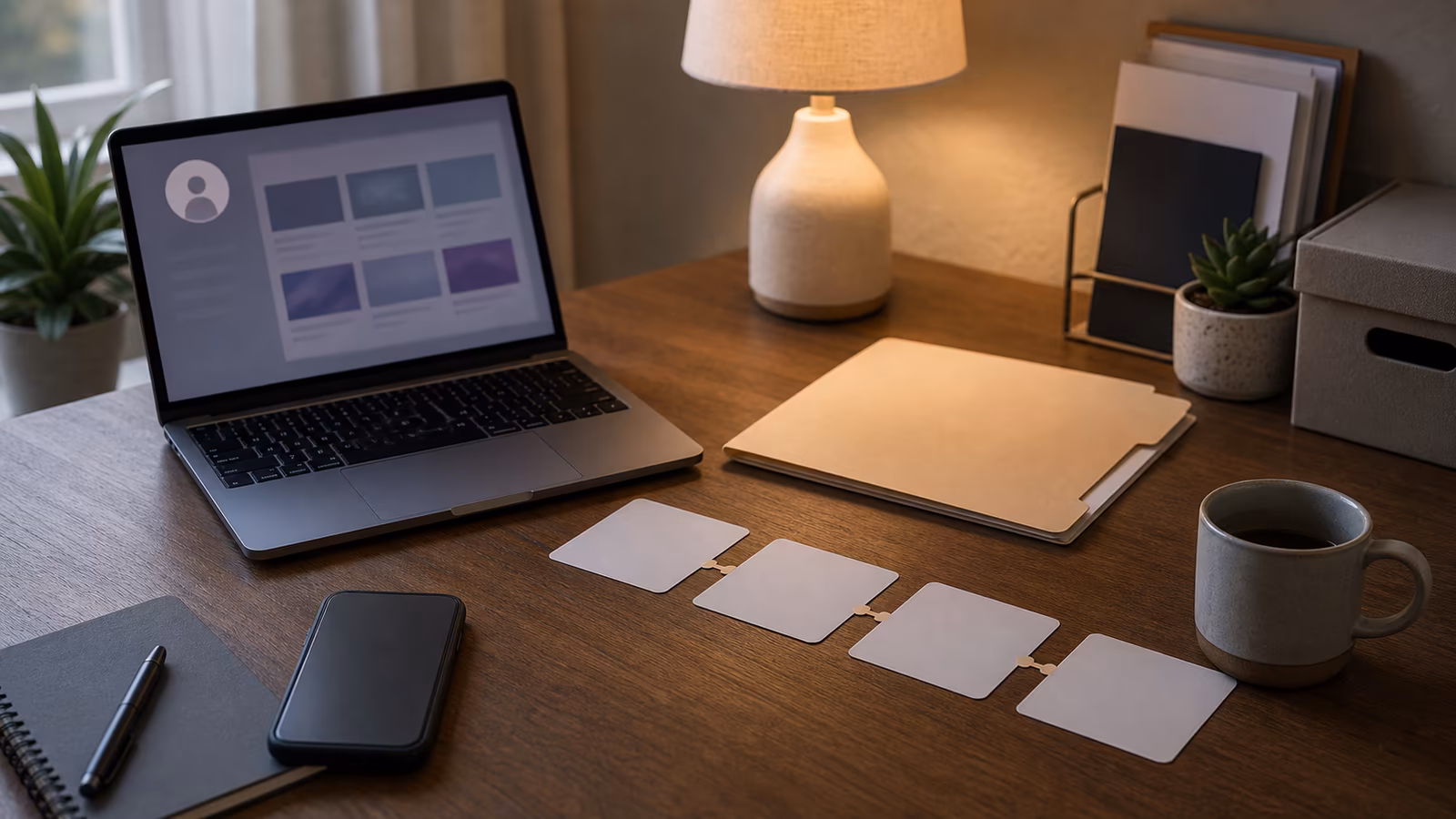 A takedown folder, phone, laptop with abstract profile cards, and evidence timeline on a calm protective desk.