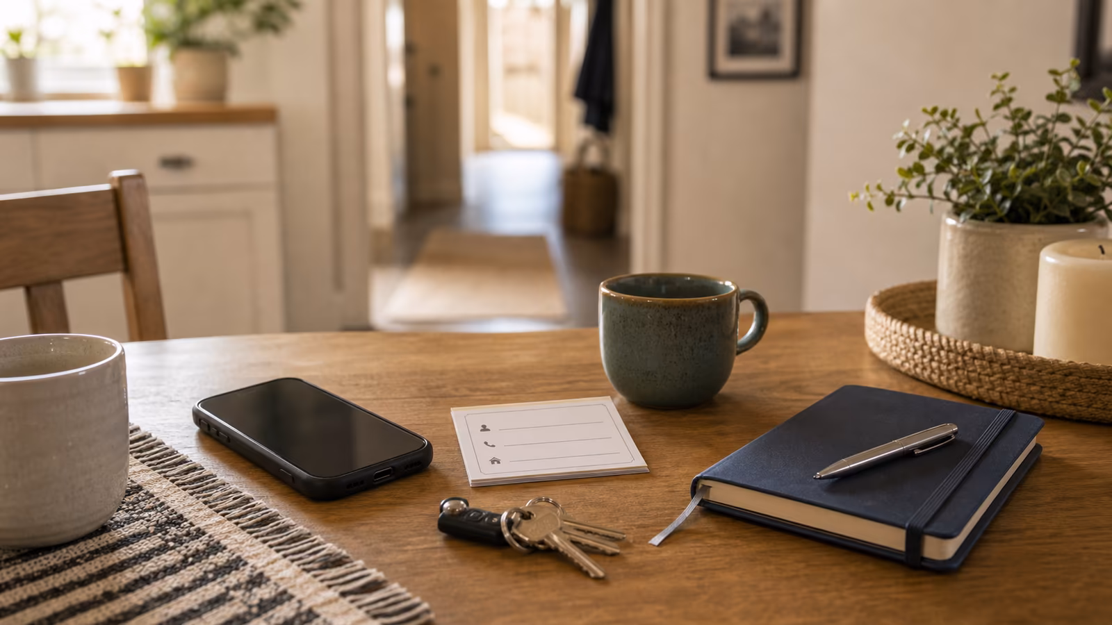 A family kitchen table with a phone, blank emergency contact card, notebook, keys, and a calm safe-word planning setup.