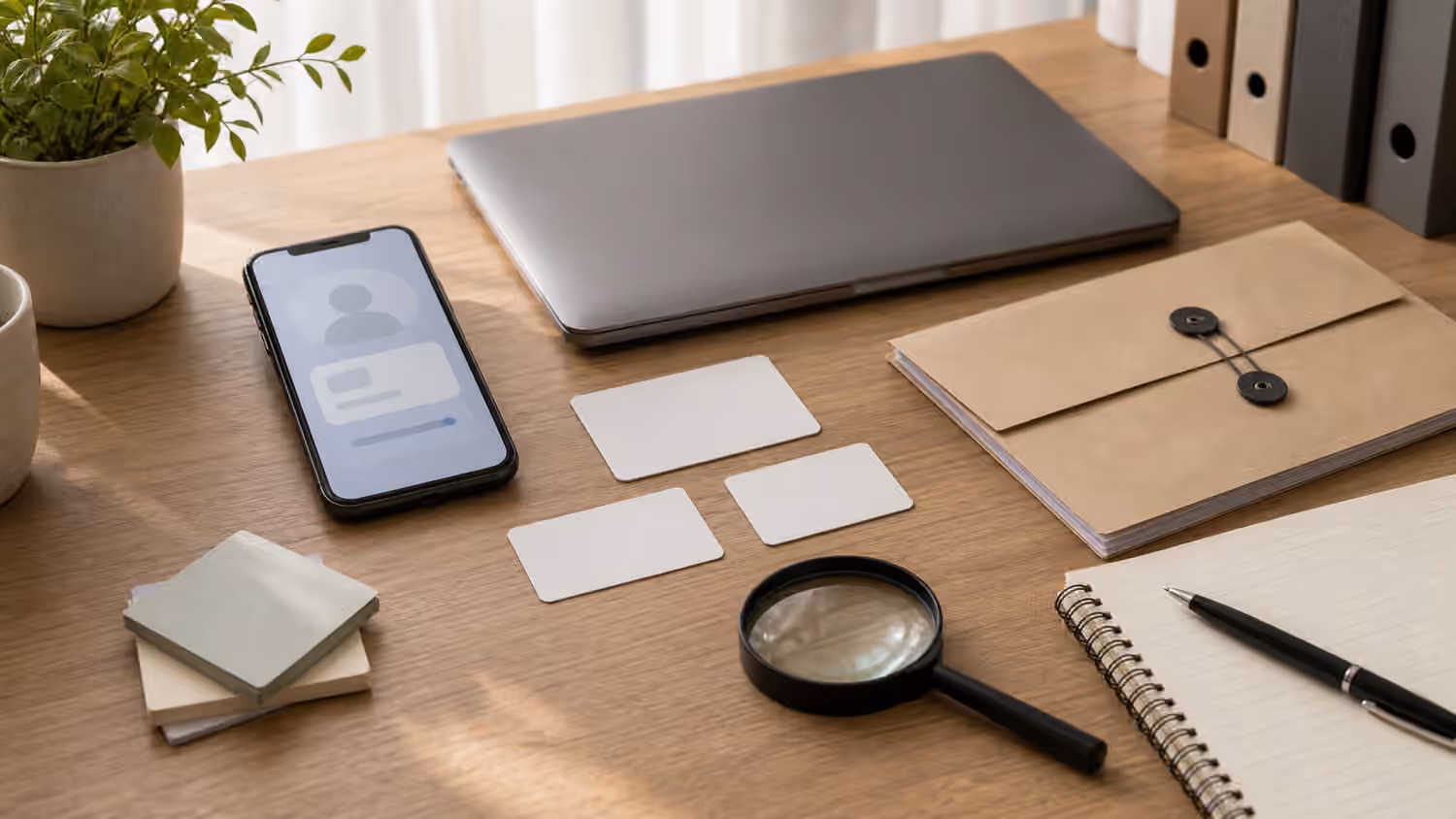 Blank ID-card shapes, phone identity-check screen, closed laptop, privacy folder, notebook, pen, and magnifying glass on a calm desk.