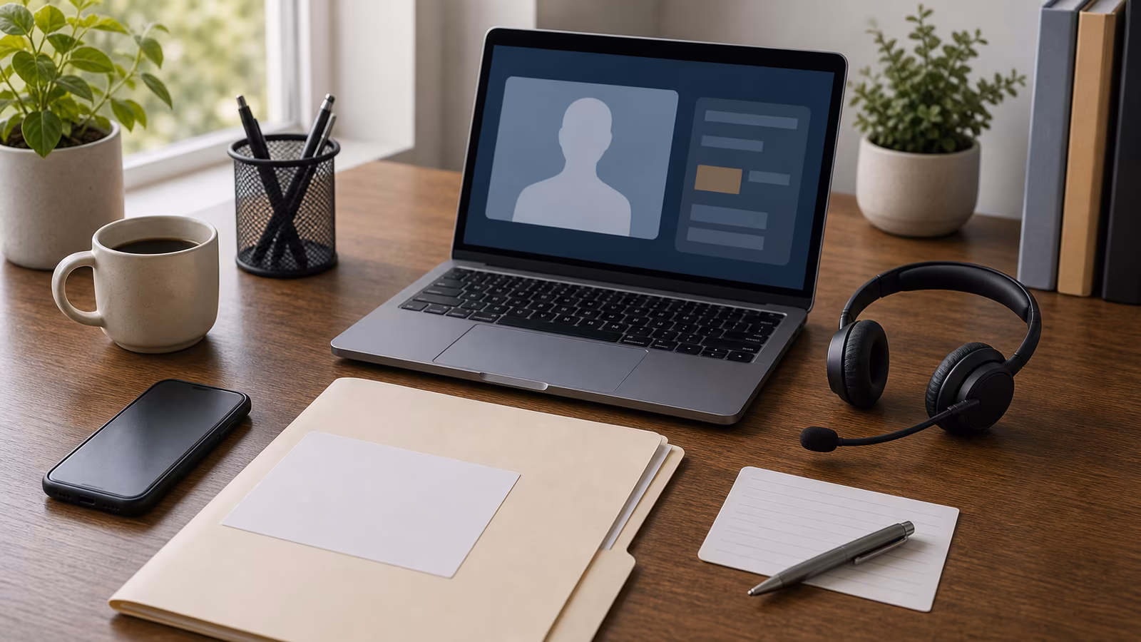A blank resume folder, laptop, abstract video interview card, and equipment-purchase note card on a calm desk.