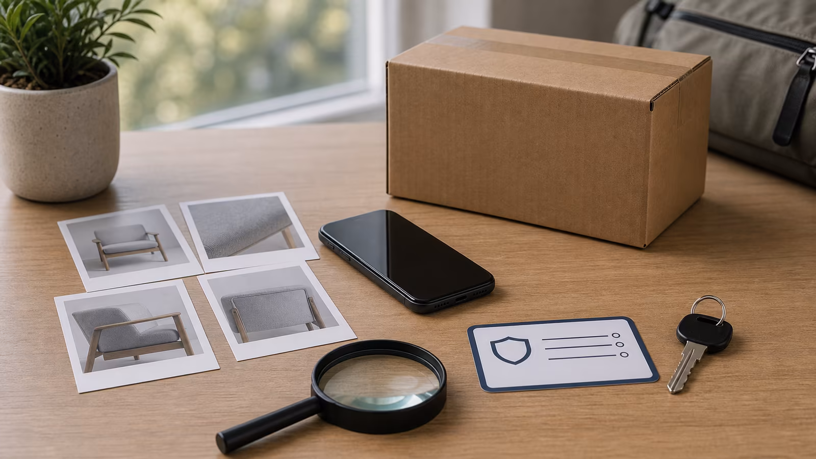 A product box, blank listing cards, phone face down, magnifying glass, and payment boundary checklist on a desk.