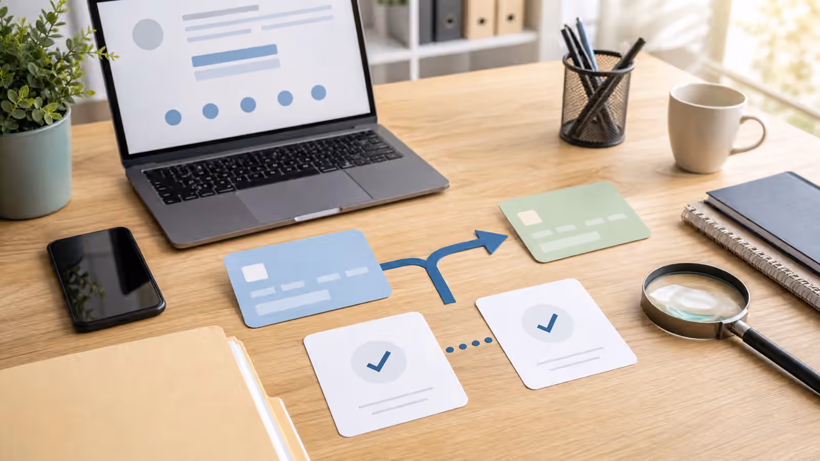 A calm payroll desk with blank approval cards, account-card shapes, a laptop, phone, folder, and magnifying glass.