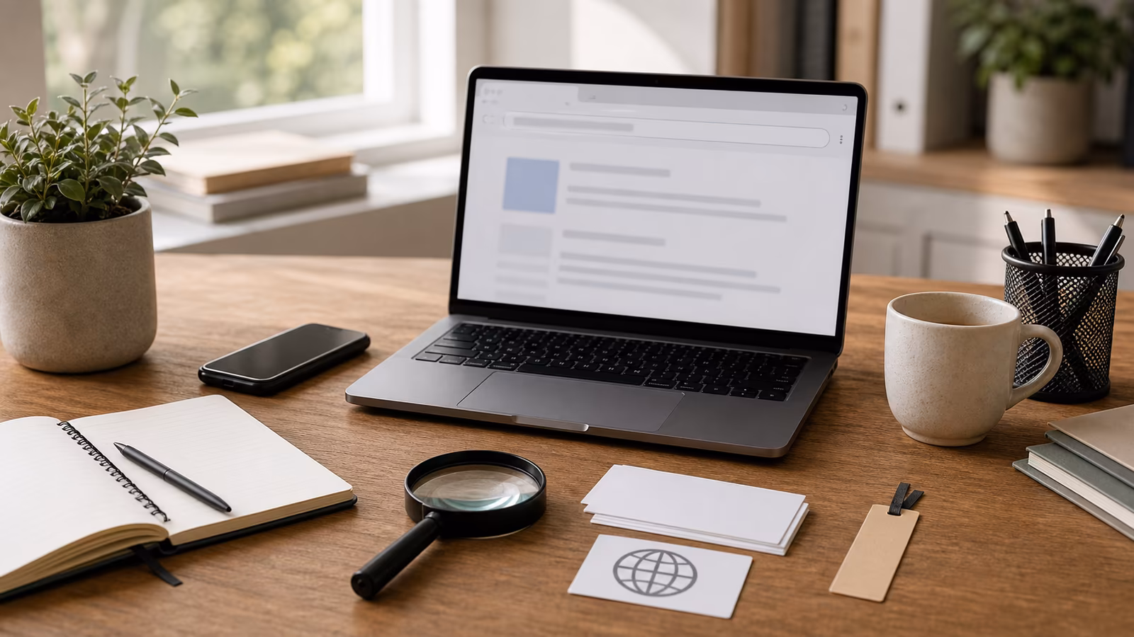 A laptop with abstract URL bars, a phone face down, magnifying glass, and blank domain cards on a calm desk.