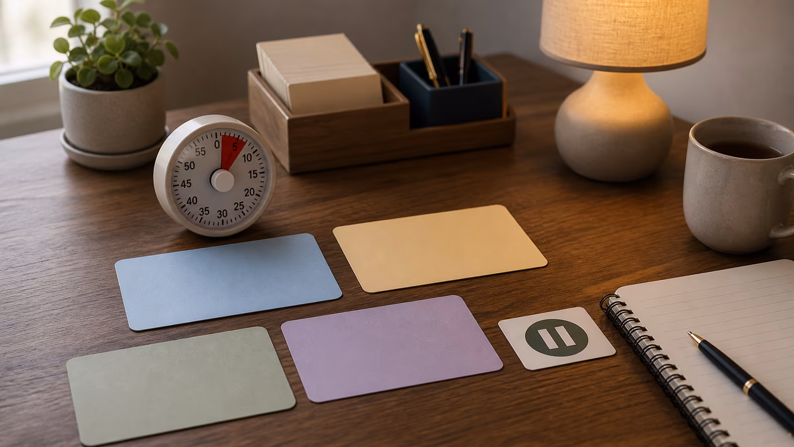 A desk timer, blank pressure cards, pause symbol card, notebook, and calm lamp arranged for pressure-script recognition.