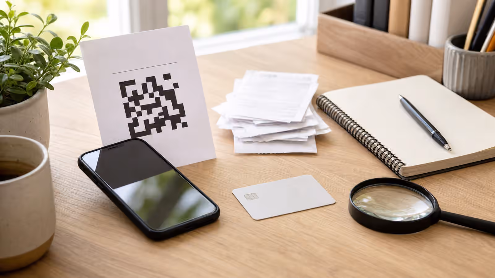 A phone beside a printed notice with an abstract code, blank payment card, notebook, and magnifying glass for checking a QR payment link.