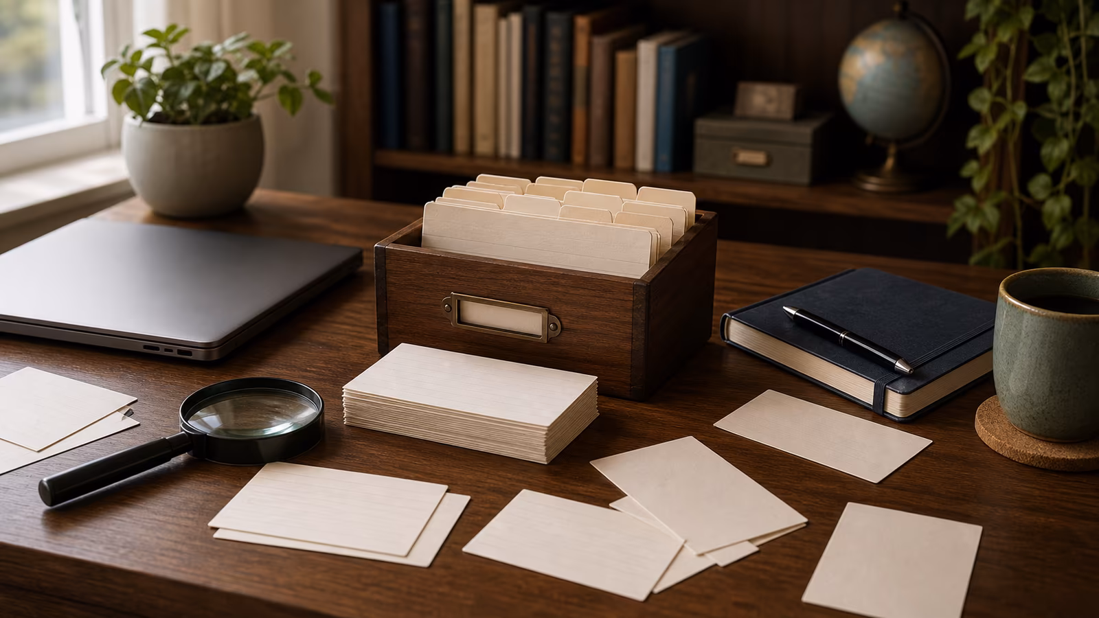 An index-card box with abstract term cards, magnifying glass, laptop, notebook, and calm reference shelf.