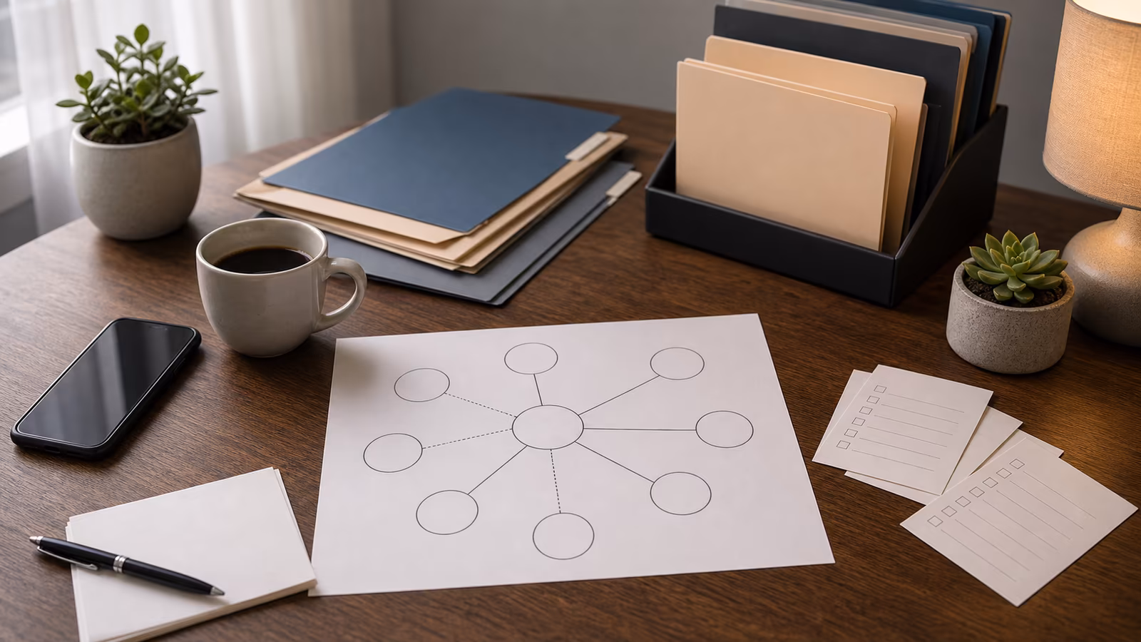 A route map, abstract official folders, phone, and checklist cards arranged as a calm reporting desk.