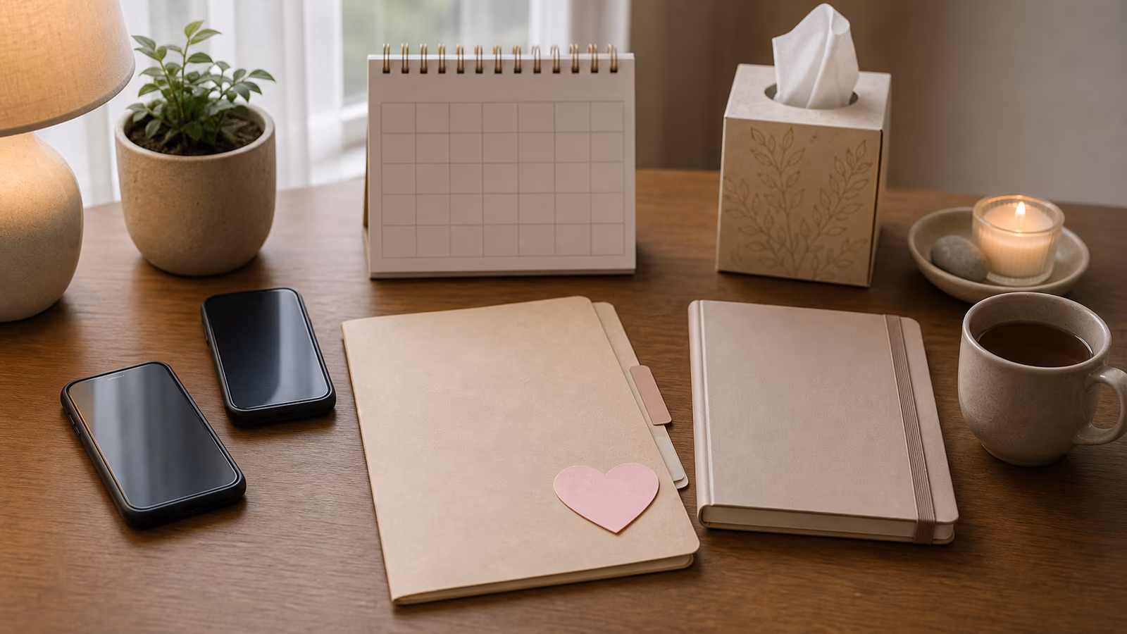 Two phones face down beside a heart-shaped blank card, calendar, support notebook, and evidence folder.