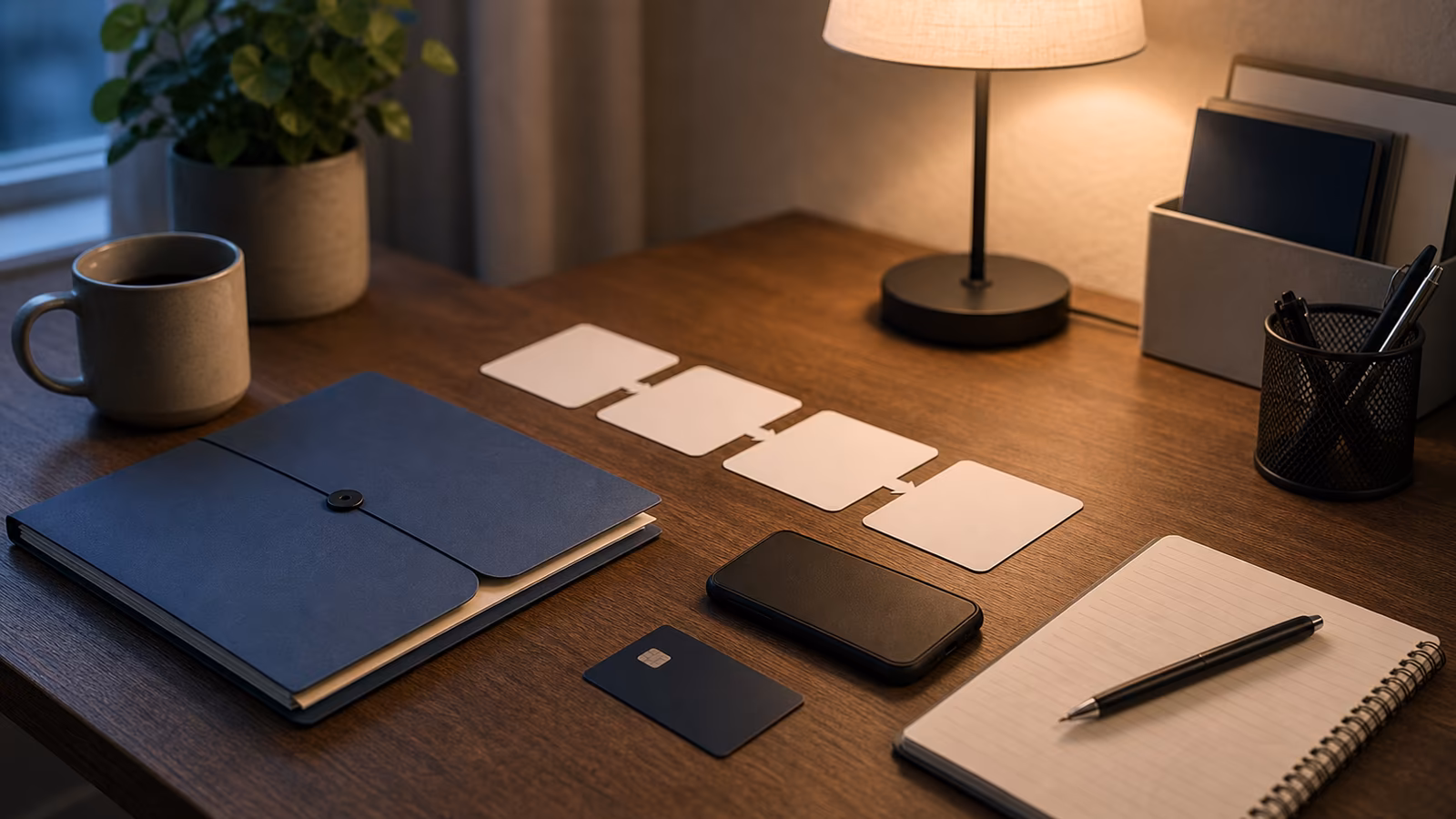 A bank card face down, phone, payment provider folder, and incident timeline cards on a calm recovery desk.