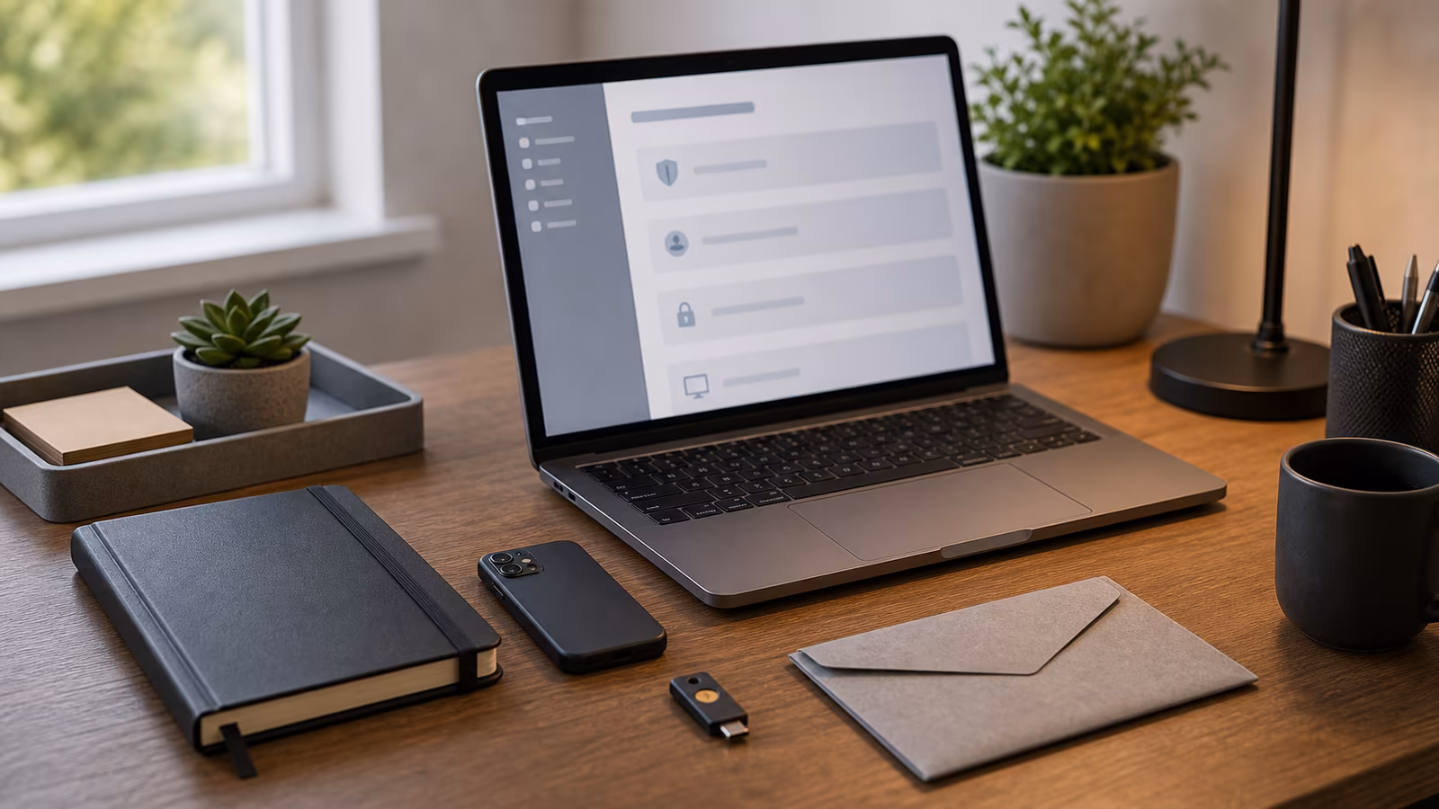 A laptop with abstract account settings panels, a security key, phone, and password manager notebook on a desk.