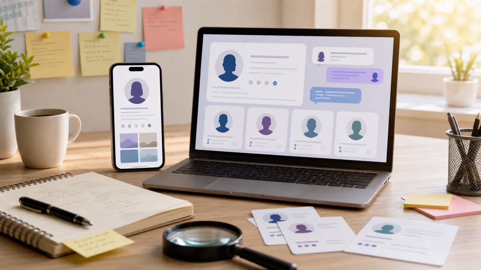 A calm desk with a phone, laptop, abstract profile cards, message bubbles, and a magnifying glass for checking a cloned account.