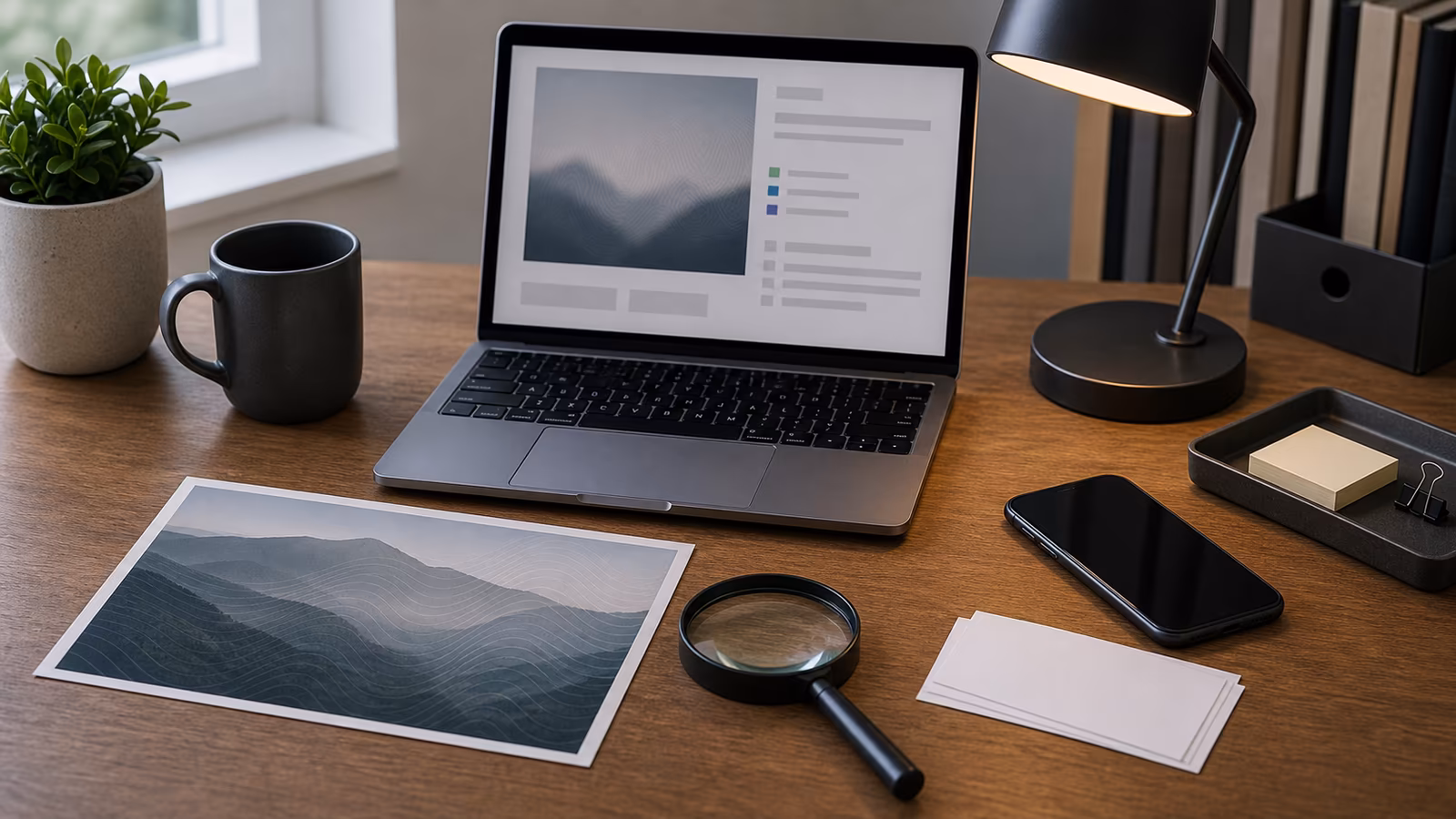 An image card with subtle abstract watermark patterns, laptop, phone, magnifying glass, and blank note cards.