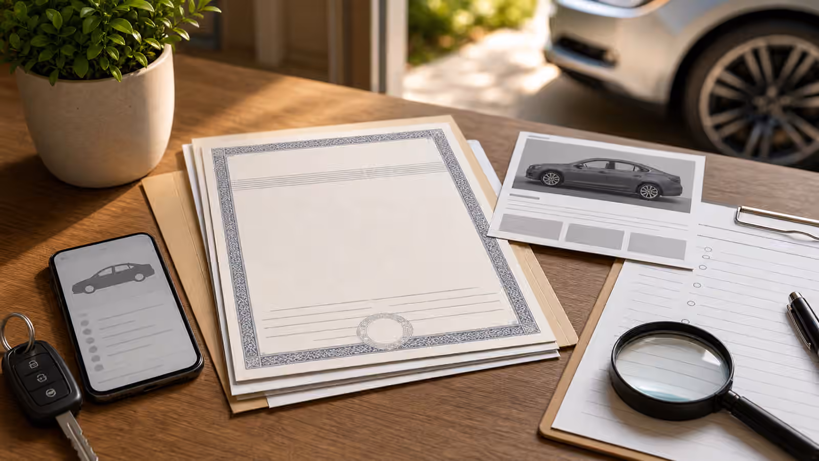 A calm desk with a car key, blank vehicle paperwork, a phone showing an abstract listing card, and a magnifying glass.