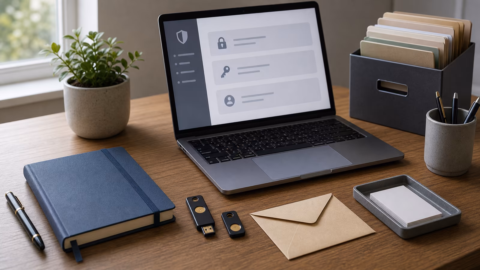 A password manager notebook, two unbranded hardware security keys, backup-code envelope, and file box on a desk.