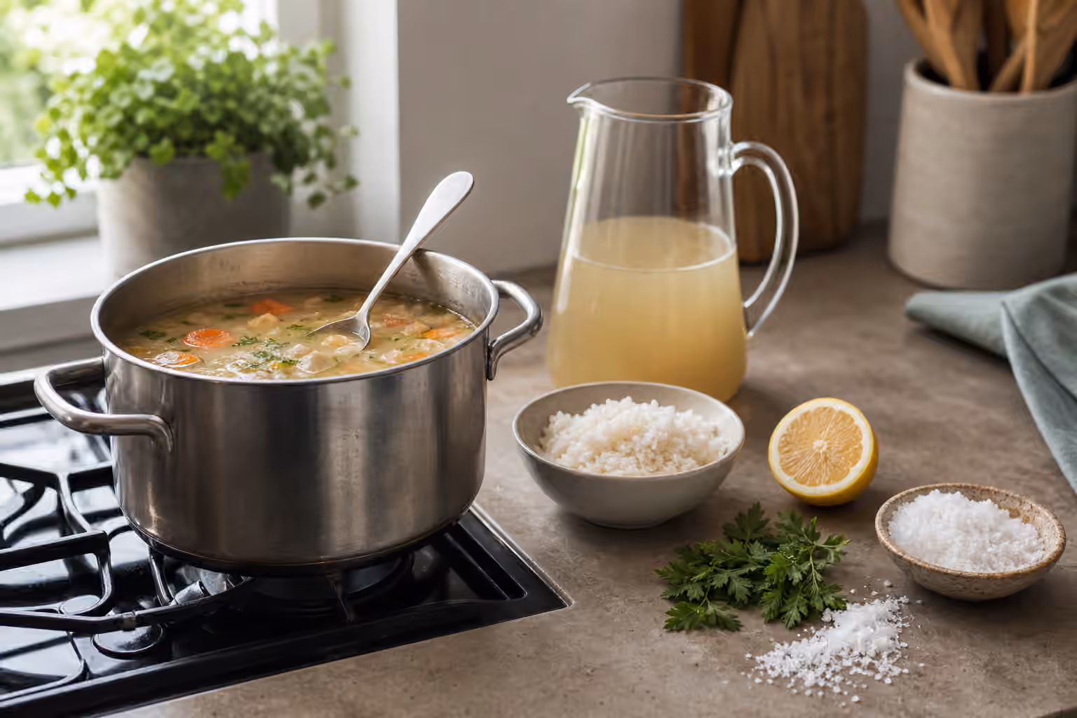 A pot of soup beside plain rice, lemon, herbs, broth, and coarse salt on a kitchen counter.