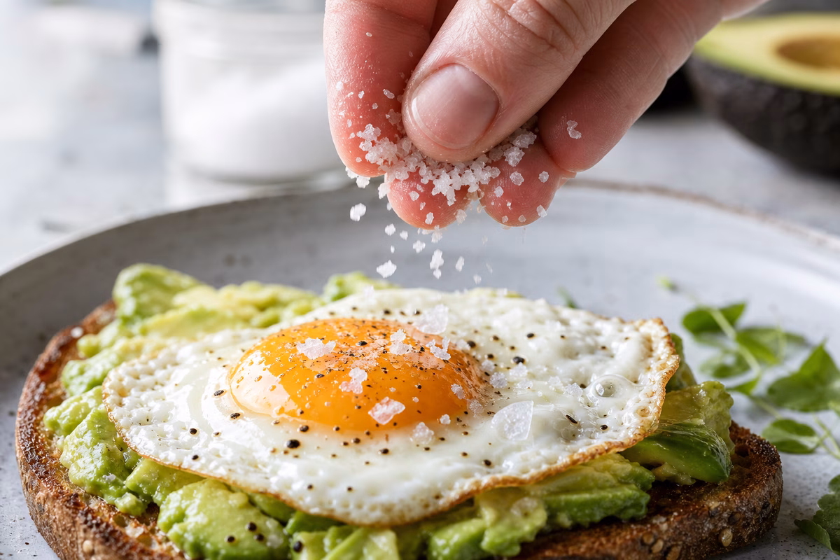 A hand crushing brittle flake salt over a fried egg and avocado toast in bright kitchen light