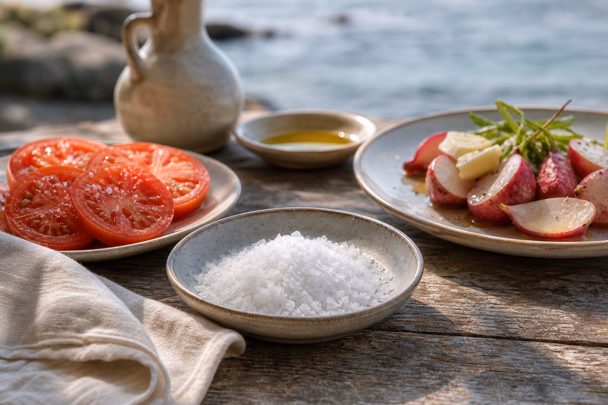 Fleur de sel crystals beside sliced tomatoes, buttered radishes, olive oil, and linen on a rustic table