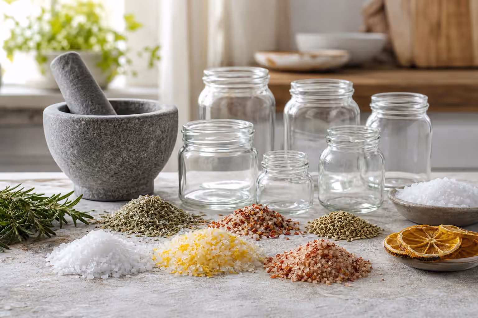 Coarse salt mixed with dried citrus, rosemary, chili, and fennel seed beside a mortar, pestle, and clean glass jars.