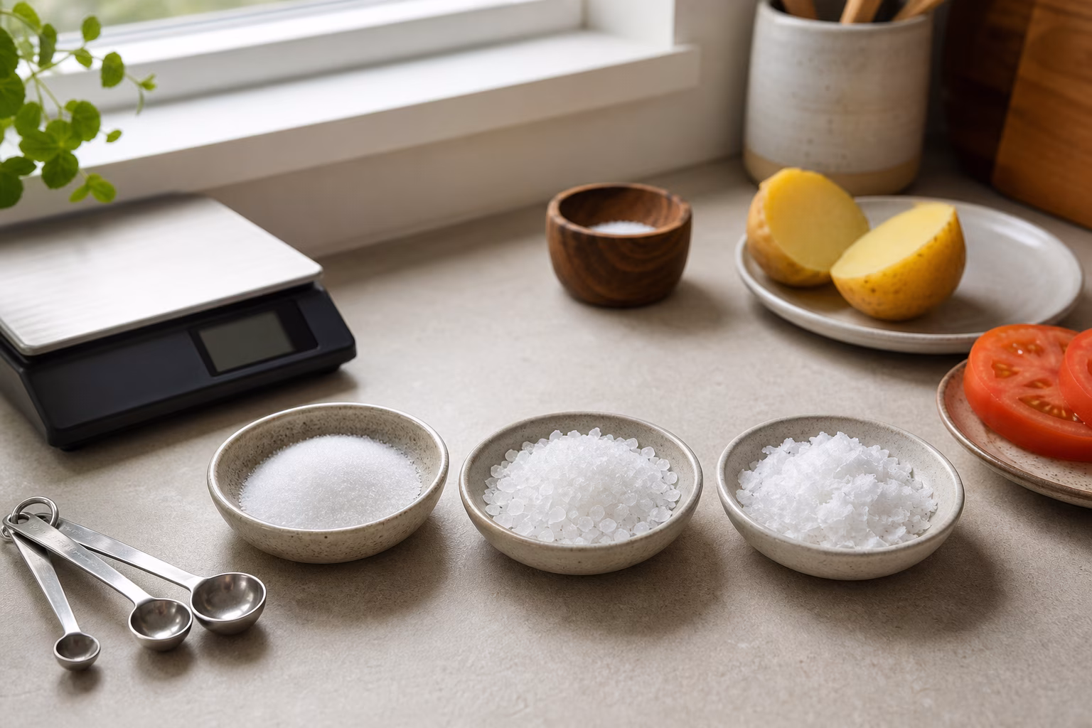 Three small dishes of fine salt, coarse crystals, and flaky salt beside measuring spoons, a kitchen scale, potato, and tomato on a kitchen counter.