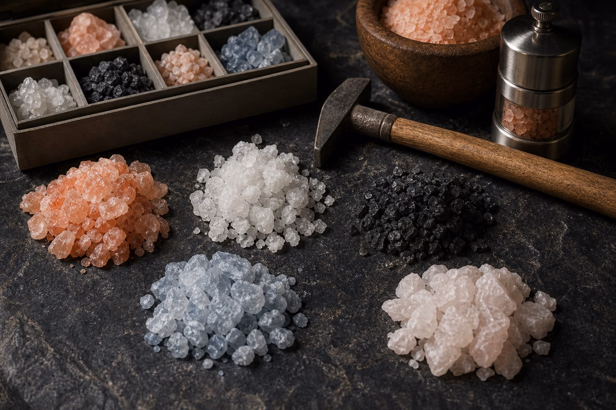 Pink, white, black, and pale blue mined salt crystals arranged on dark stone with a mineral tray and salt mill
