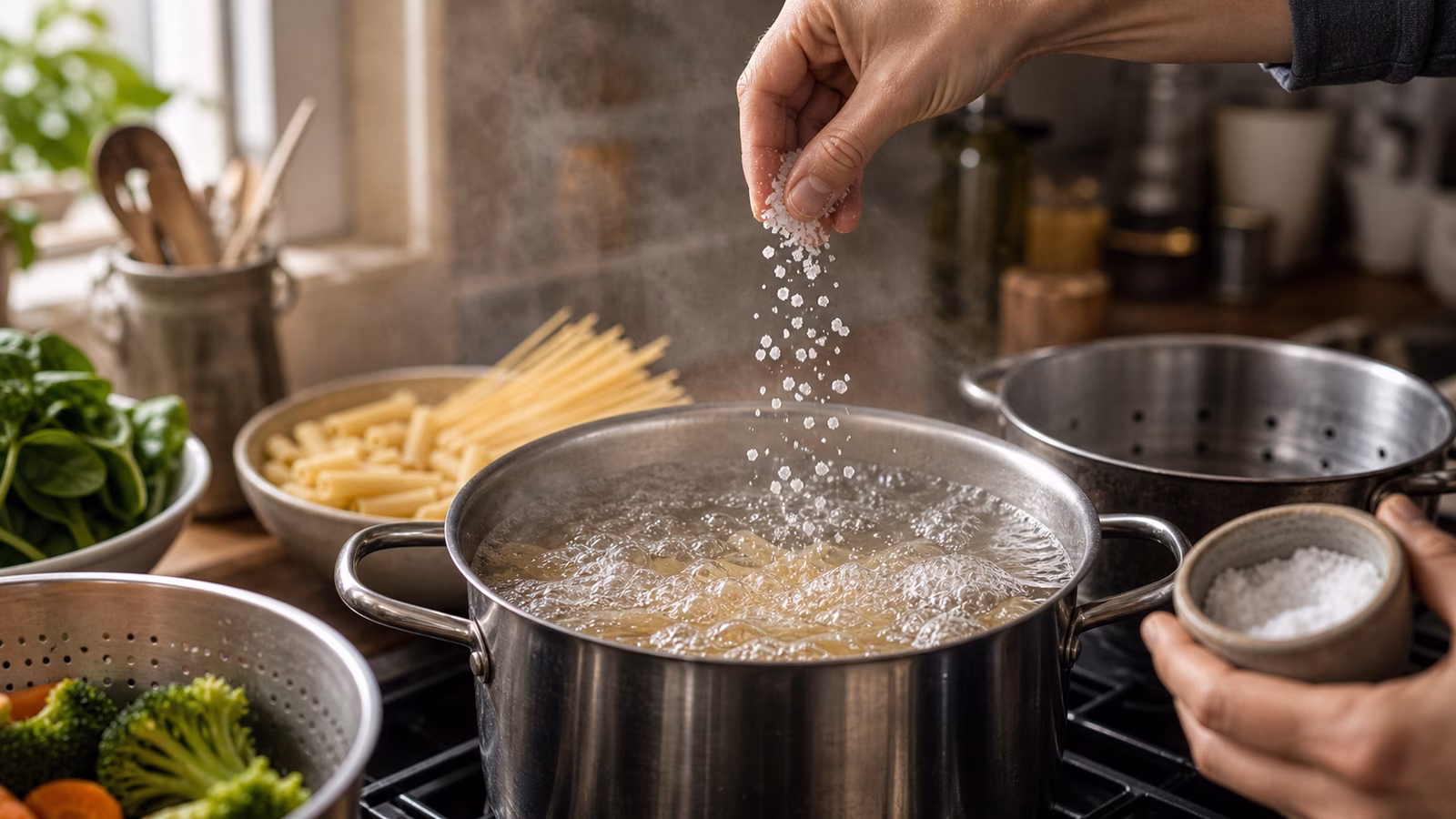 A hand sprinkles coarse salt into a vigorously boiling pot of pasta water on a warm kitchen stovetop with pasta and vegetables nearby.