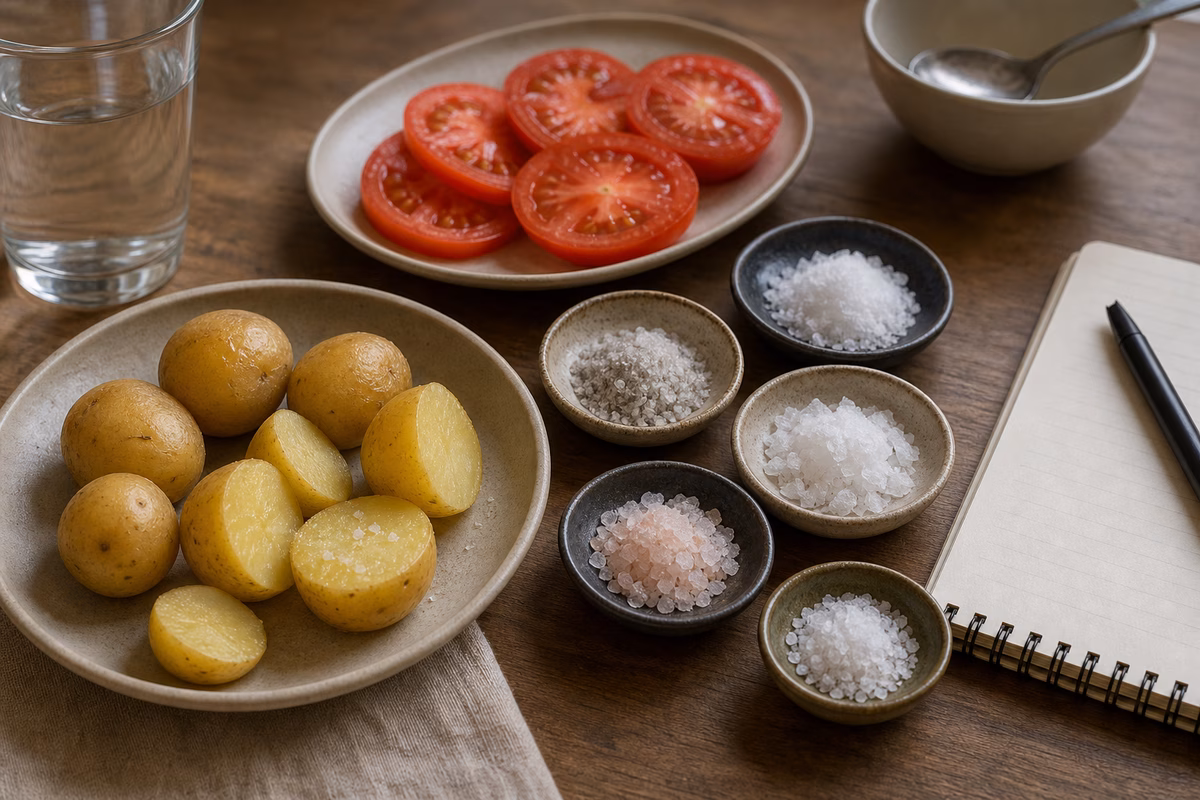 A salt tasting setup with warm potatoes, sliced tomatoes, small dishes of salt, water, and a tasting notebook