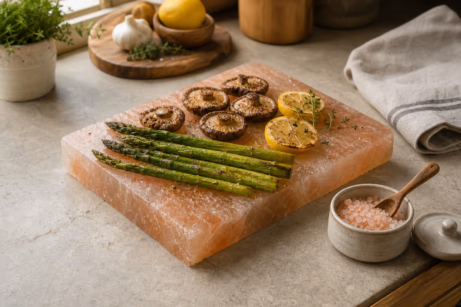 Grilled asparagus, mushrooms, and lemon slices resting on a pink salt block beside a ceramic salt cellar.