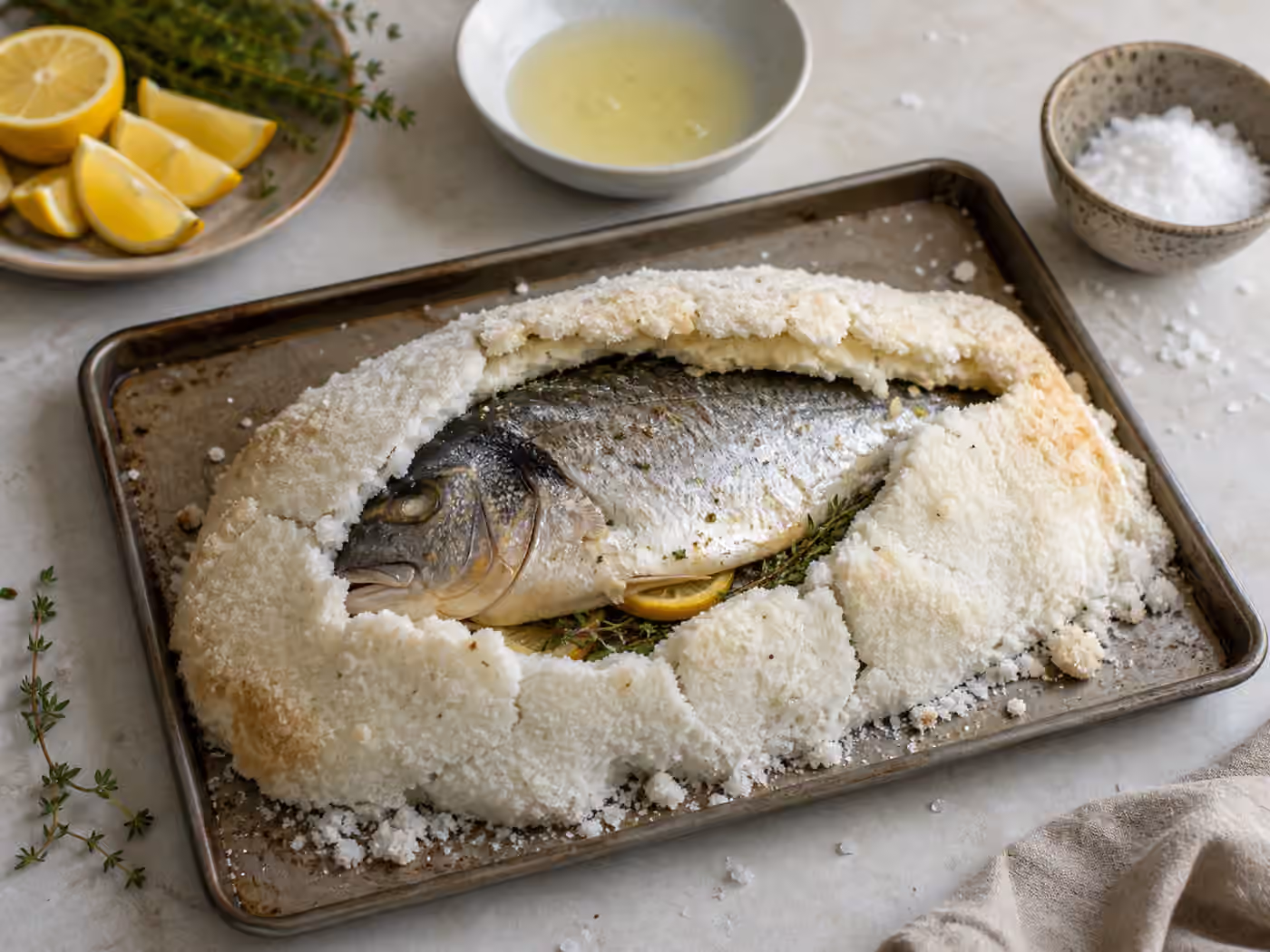 A whole fish partly revealed from a cracked salt crust on a baking tray beside coarse salt, citrus, and herbs.