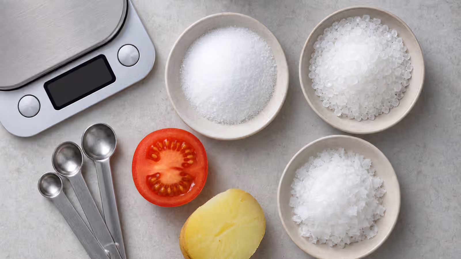 Fine, coarse, and flaky salts beside measuring spoons and a kitchen scale
