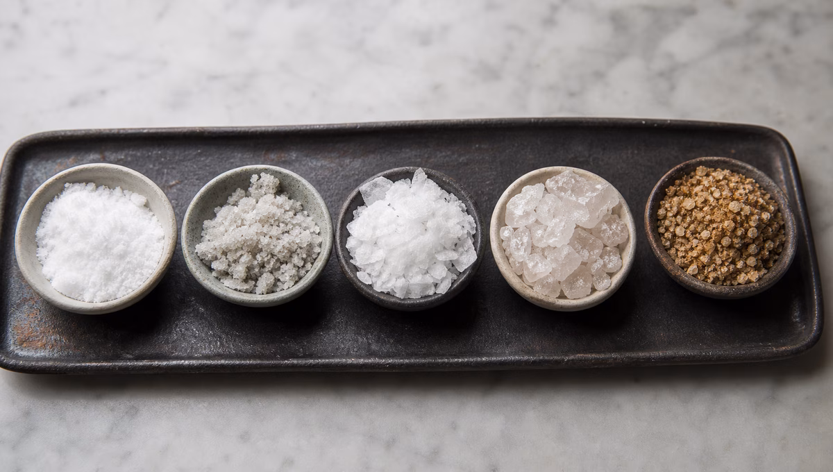 A comparison tray of delicate surface salt, moist gray sea salt, flake salt, mined crystals, and smoked salt