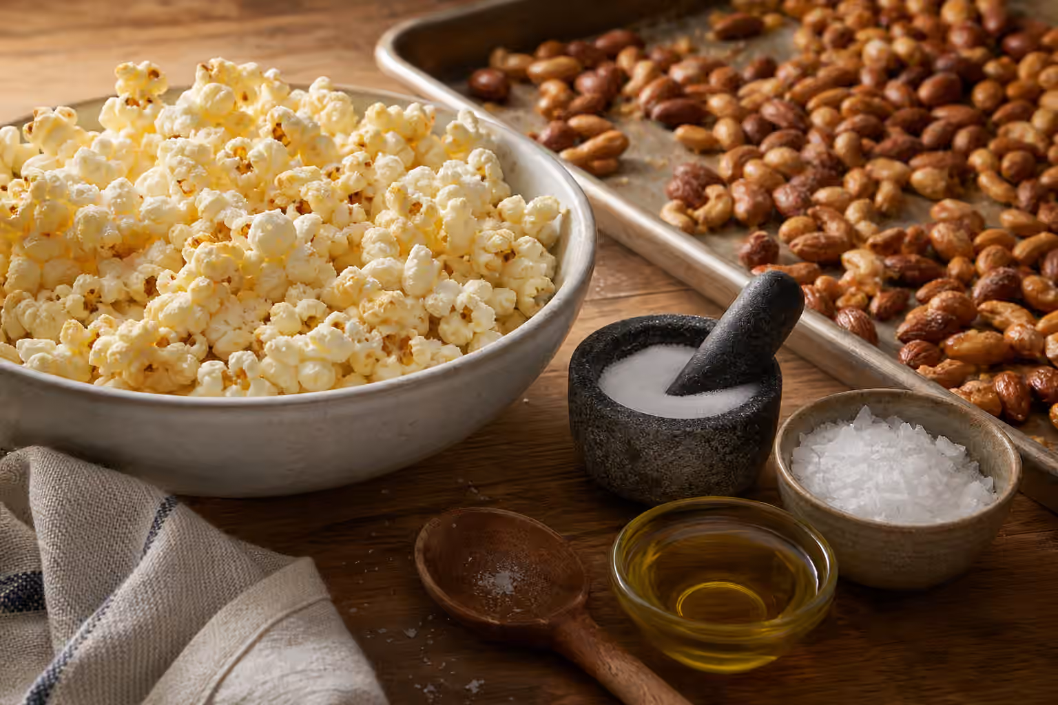 Popcorn, roasted nuts, fine salt in a mortar, flaky salt, oil, and a wooden spoon on a kitchen table.
