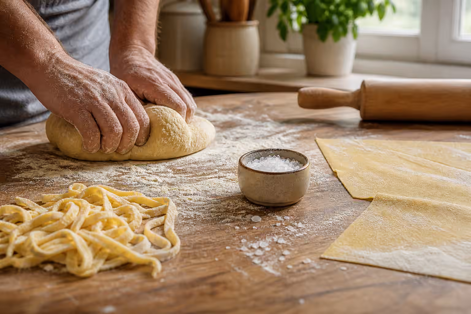 Fresh pasta dough, rolled sheets, cut noodles, coarse salt, flour, and a rolling pin on a wooden kitchen work surface.