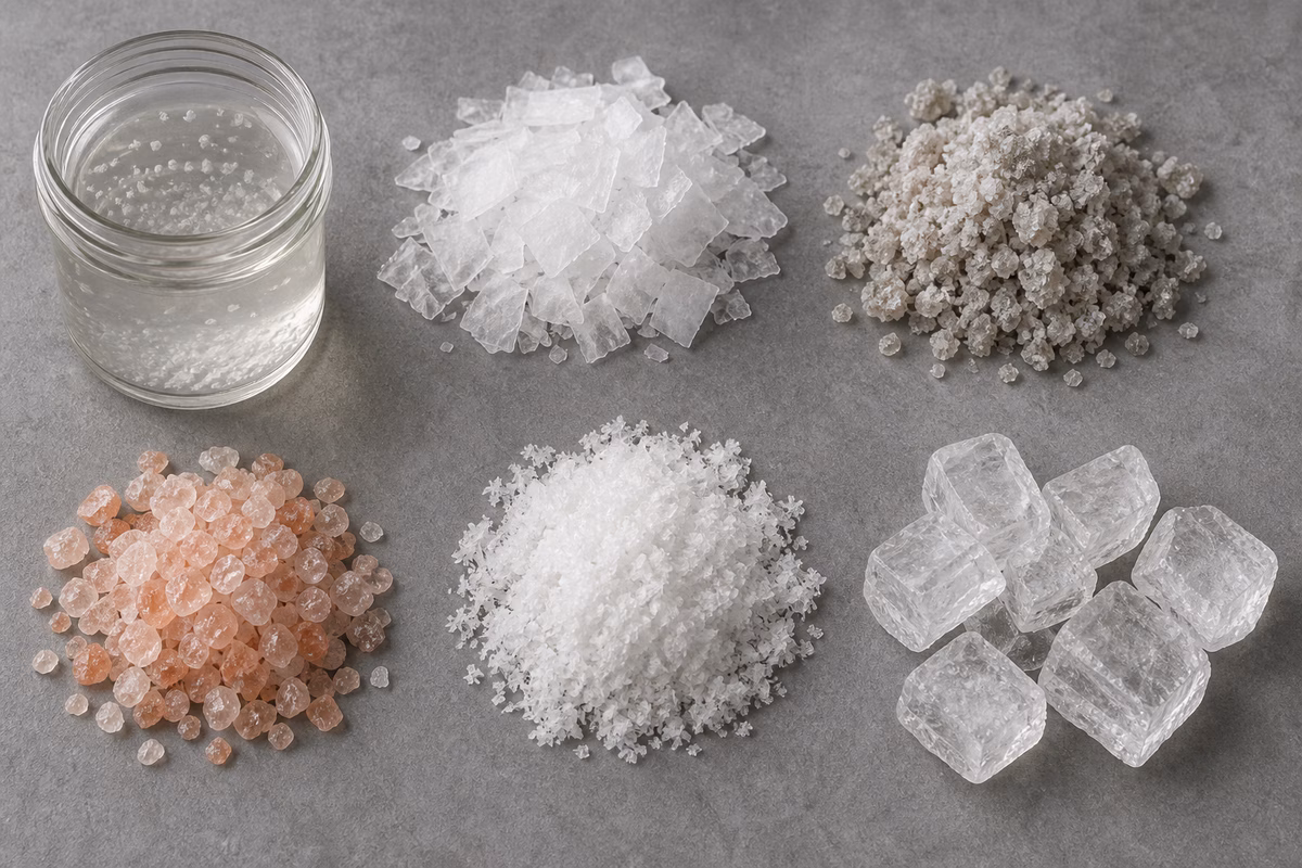 A reference flat lay of brine, flake salt, moist gray salt, pink mined crystals, fleur de sel, and halite chunks