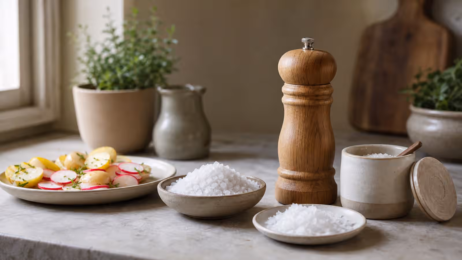 A wooden salt mill beside coarse salt crystals, flaky salt, a ceramic cellar, and sliced radishes on a kitchen counter.