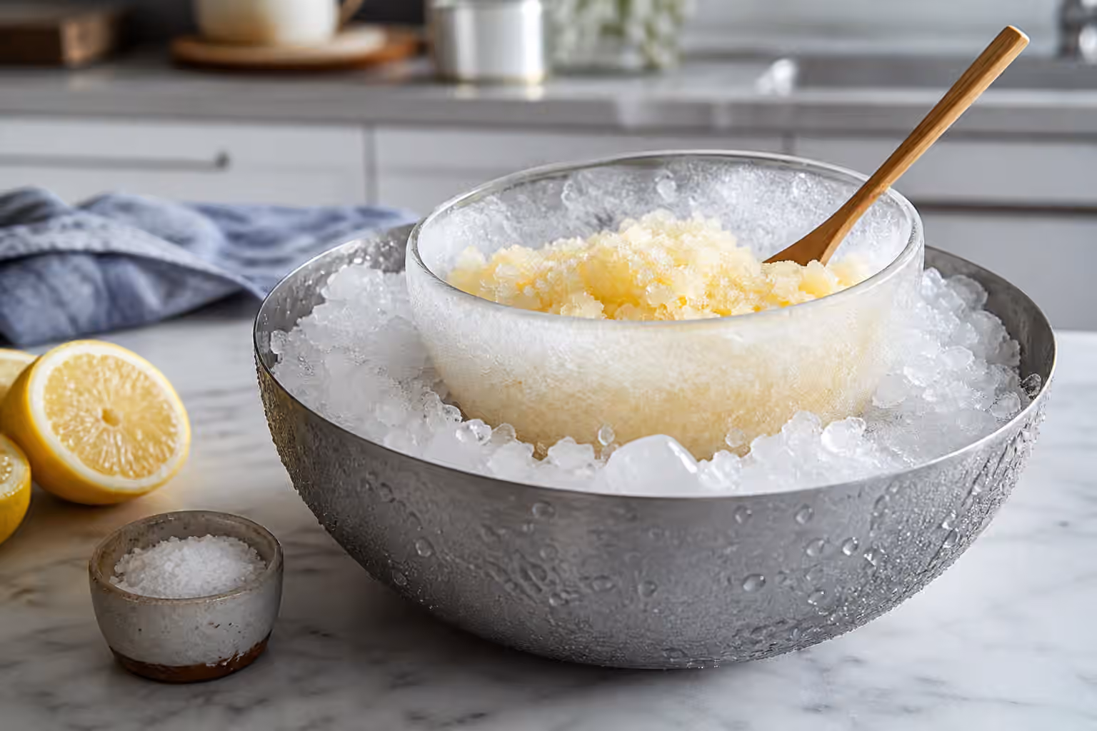A frosty bowl of lemon granita set inside crushed ice with coarse salt, lemons, and a small salt cellar on a marble counter.