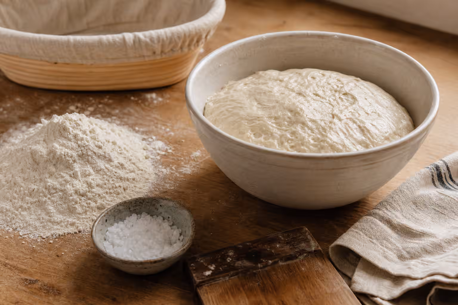 Bread dough, flour, coarse salt, a bench scraper, and a proofing basket on a wooden kitchen work surface.