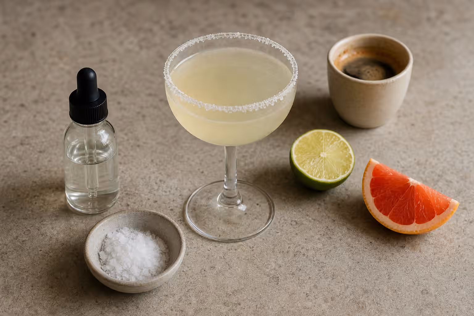 A salted-rim citrus drink beside a saline dropper, coarse salt, lime, grapefruit, and espresso.