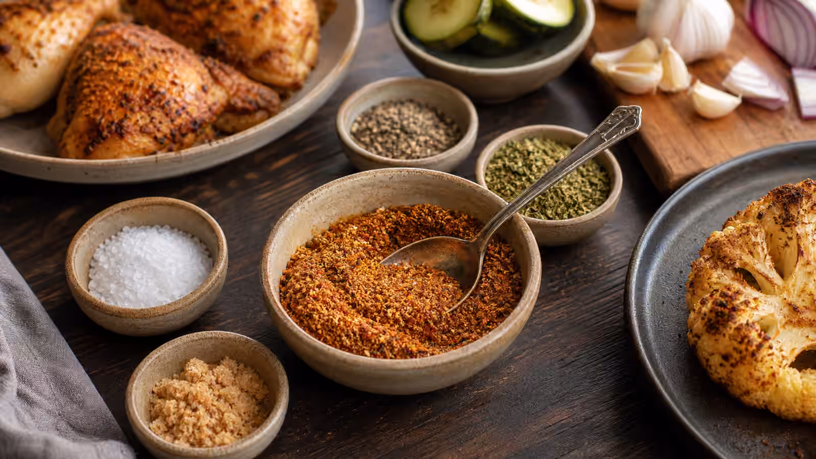 Bowls of coarse salt, spices, herbs, and brown sugar around a spoonful of dry rub with roasted chicken and cauliflower nearby.
