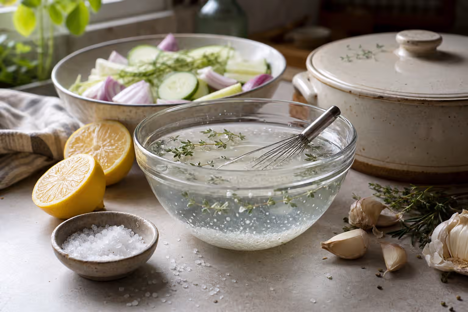 A glass bowl of salted brine with herbs, citrus, garlic, coarse salt, vegetables, and a covered ceramic dish on a kitchen counter.