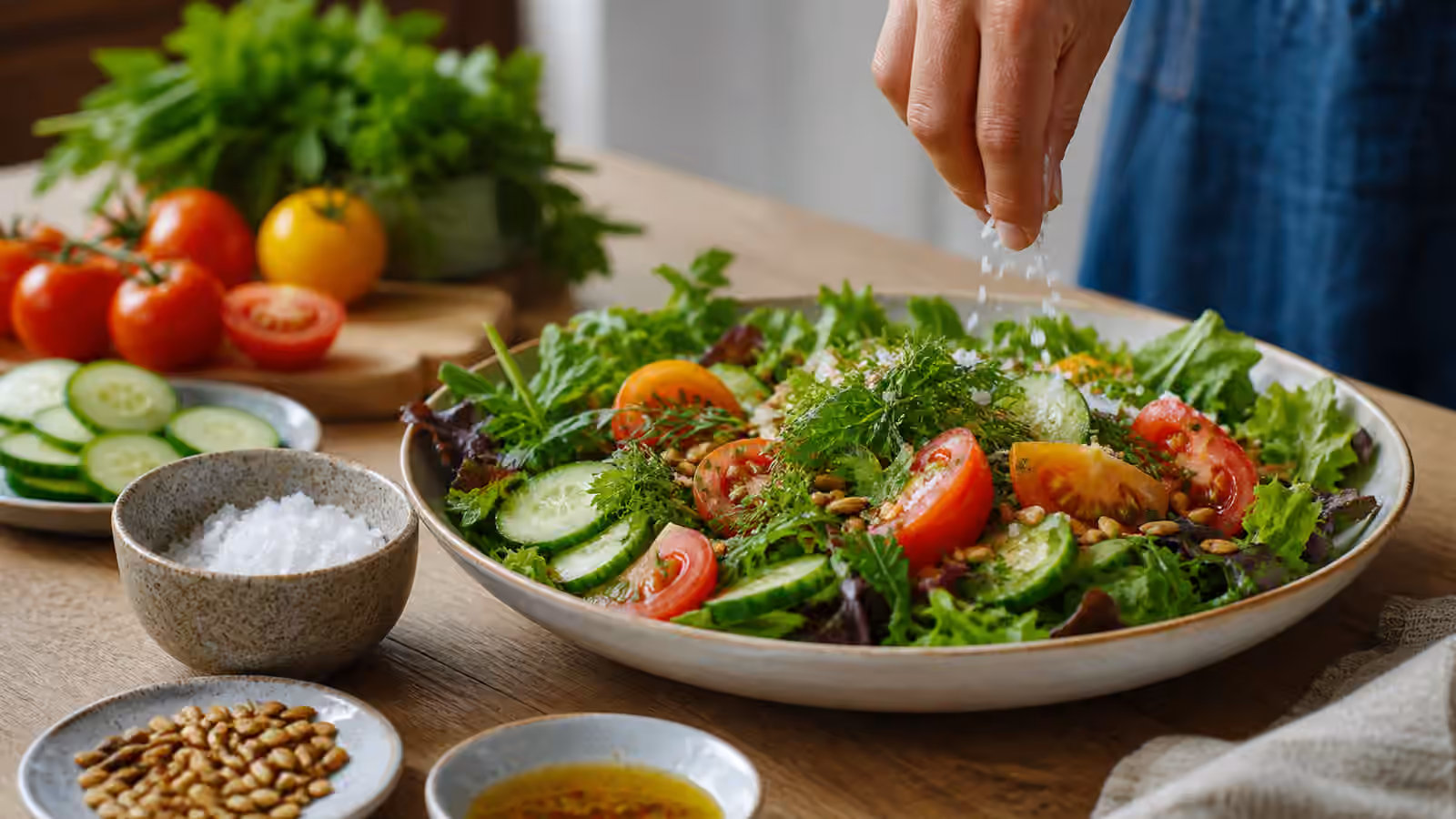 A large salad bowl with leafy greens, tomatoes, cucumbers, herbs, seeds, vinaigrette, and flaky salt being scattered by hand.