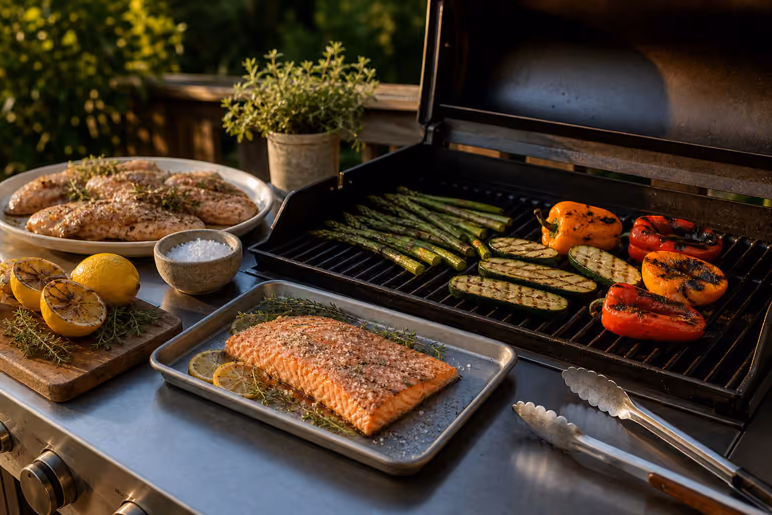 An outdoor grill with charred vegetables, fish, chicken, lemon, herbs, tongs, and a small salt cellar.