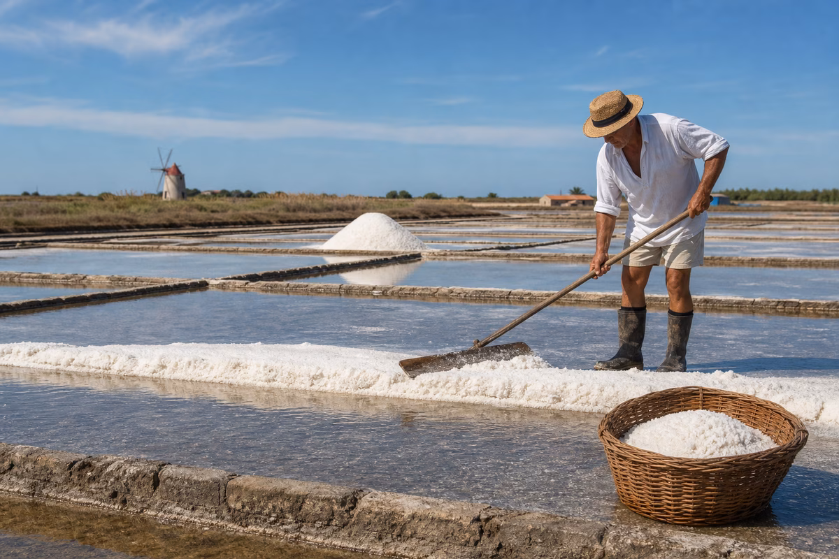 A traditional sea salt marsh harvest with shallow evaporation pans, white salt banks, and a worker using a wooden rake