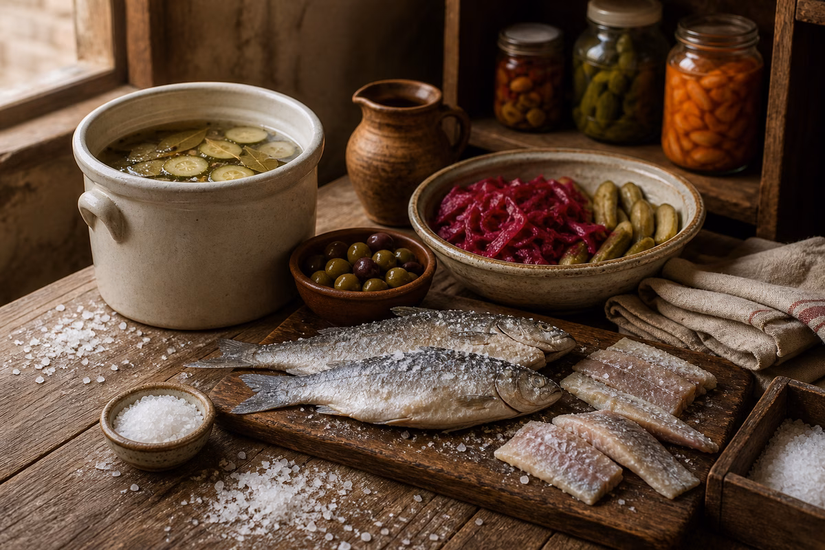 A rustic preservation table with coarse salt, cured fish, brine crock, olives, vegetables, and folded linen