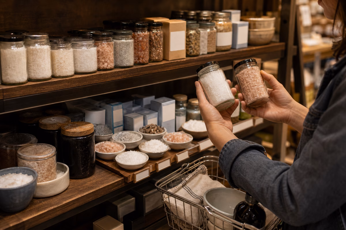 A specialty food shop salt shelf with jars, boxes, texture dishes, and a shopper comparing two salts
