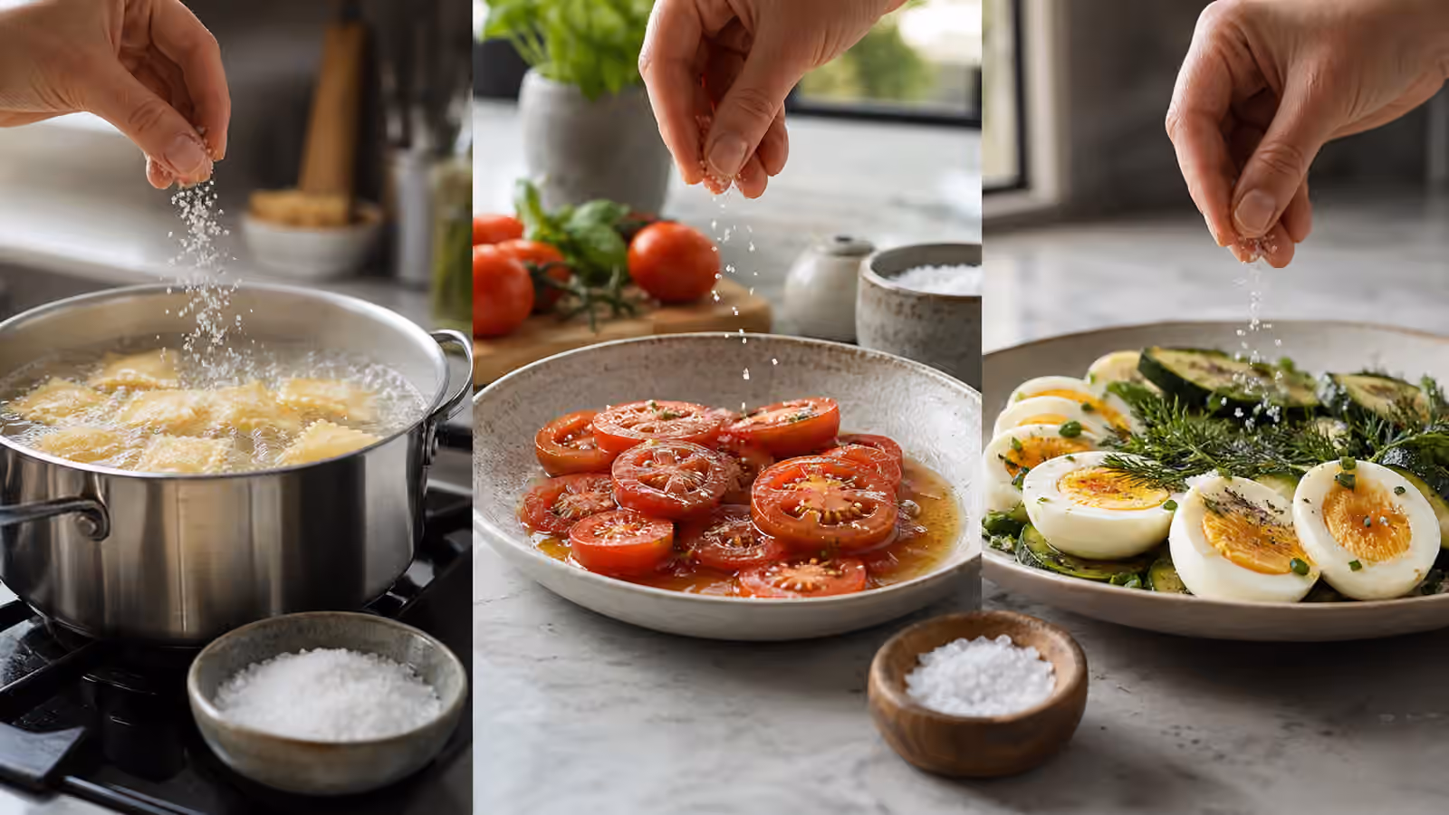Kitchen salt timing scene with pasta water, tomatoes, and finishing salt