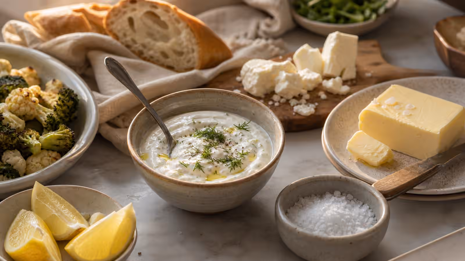 Yogurt sauce, butter, crumbled cheese, lemon wedges, vegetables, bread, and a ceramic salt cellar on a kitchen counter.