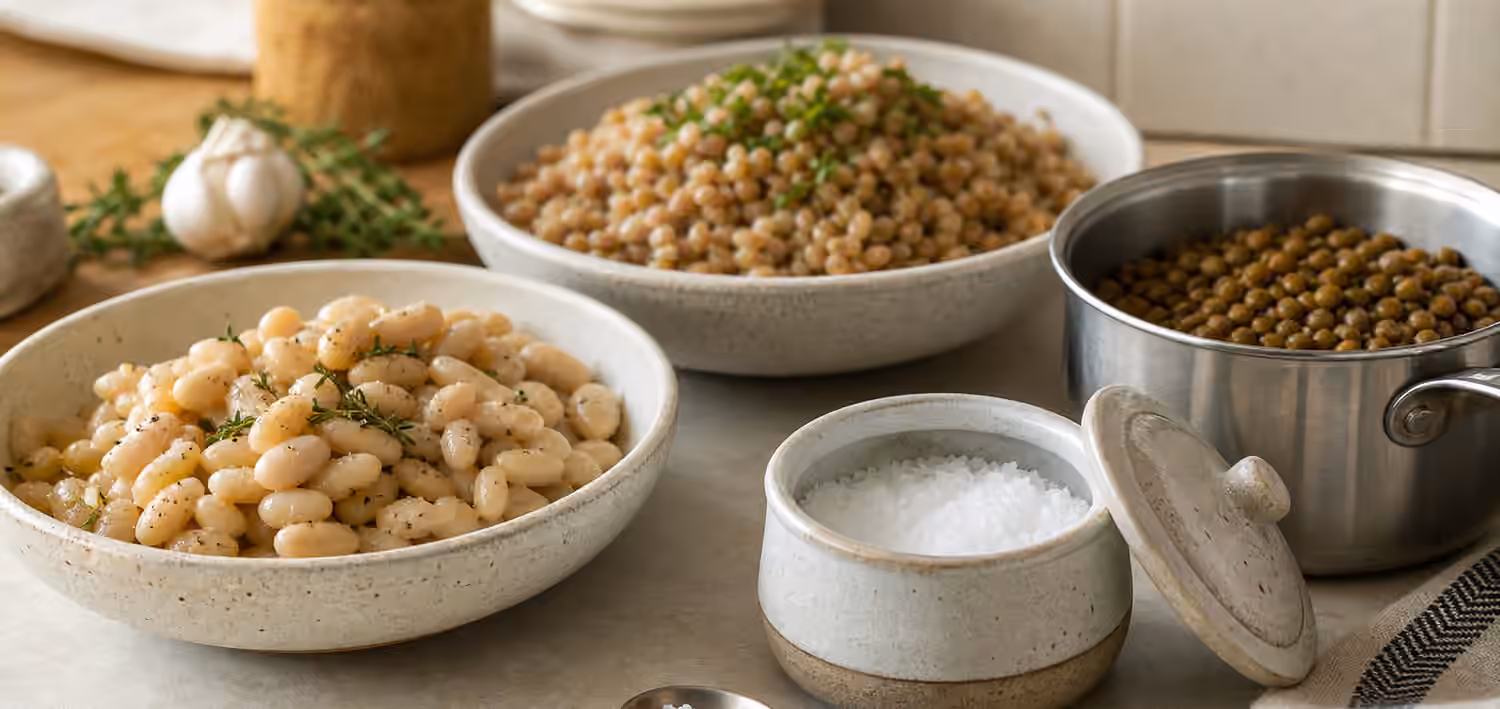 Cooked beans, lentils, and grains beside a ceramic salt cellar on a kitchen counter.