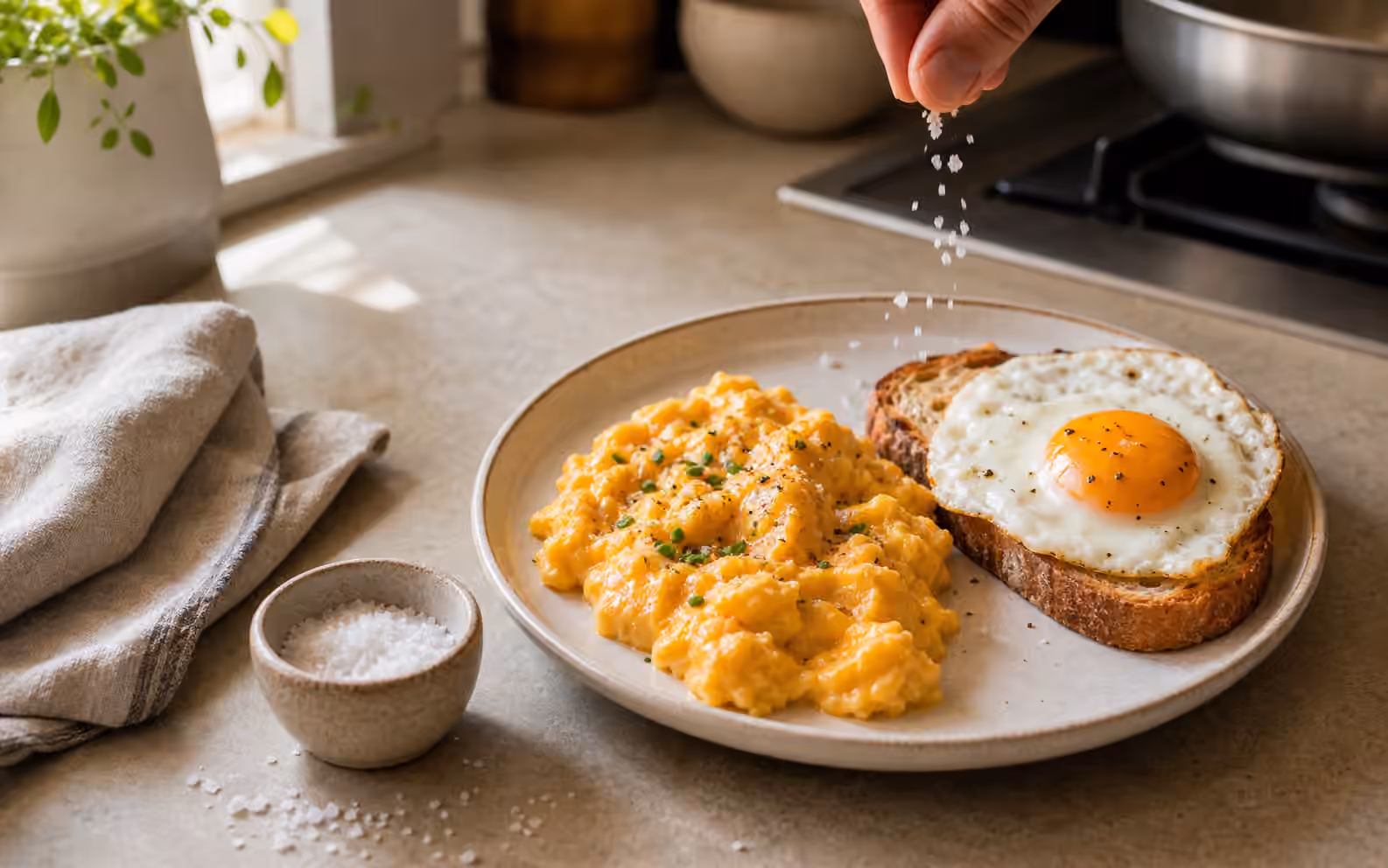 Soft scrambled eggs and a fried egg on toast beside a ceramic salt cellar in morning kitchen light.