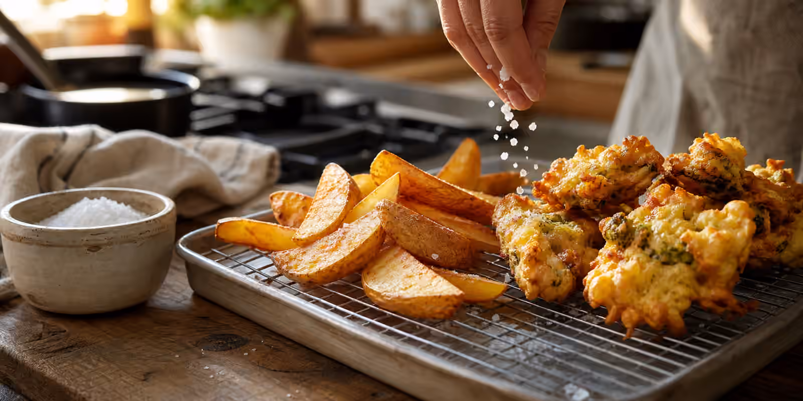 A hand sprinkles coarse salt over fried potato wedges and crisp vegetable fritters on a wire rack.